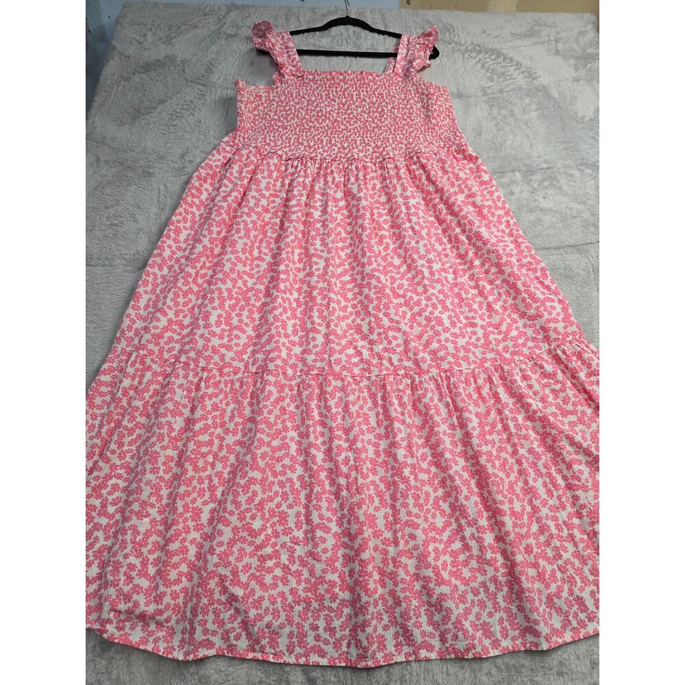 Women's Maxi Dress Plus Size 3X Pink Floral Smocked Cottagecore Tiered Pockets - Picture 2 of 10